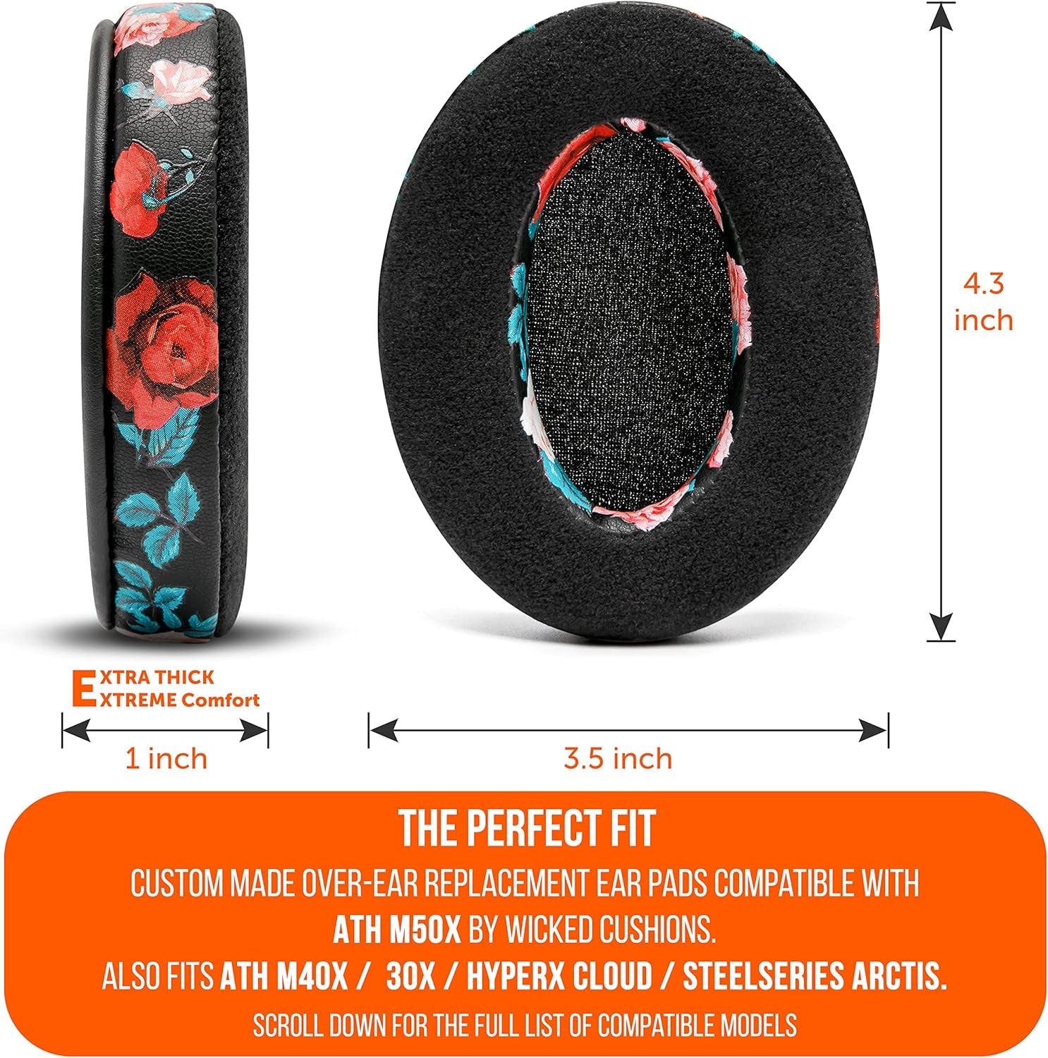 Wicked Cushions Extra Thick Velour Premium Earpads - Compatible with Steelseries Arctis/Hyperx Cloud/Ath M50X & More | Black Floral