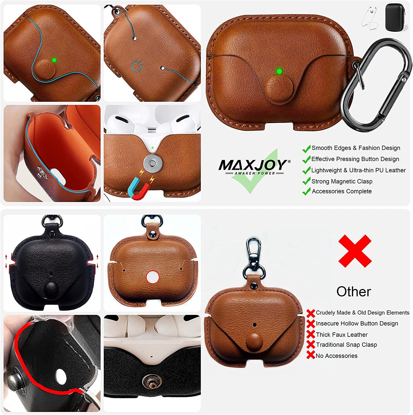 for Airpods Pro 2 Case Leather, Airpods Pro Leather Case Cover with Keychain Airpods Strap Compatible with Apple Airpods Pro 2Nd Generation 2023 2022/ Airpods Pro 2019 (Front LED Visible),Brown